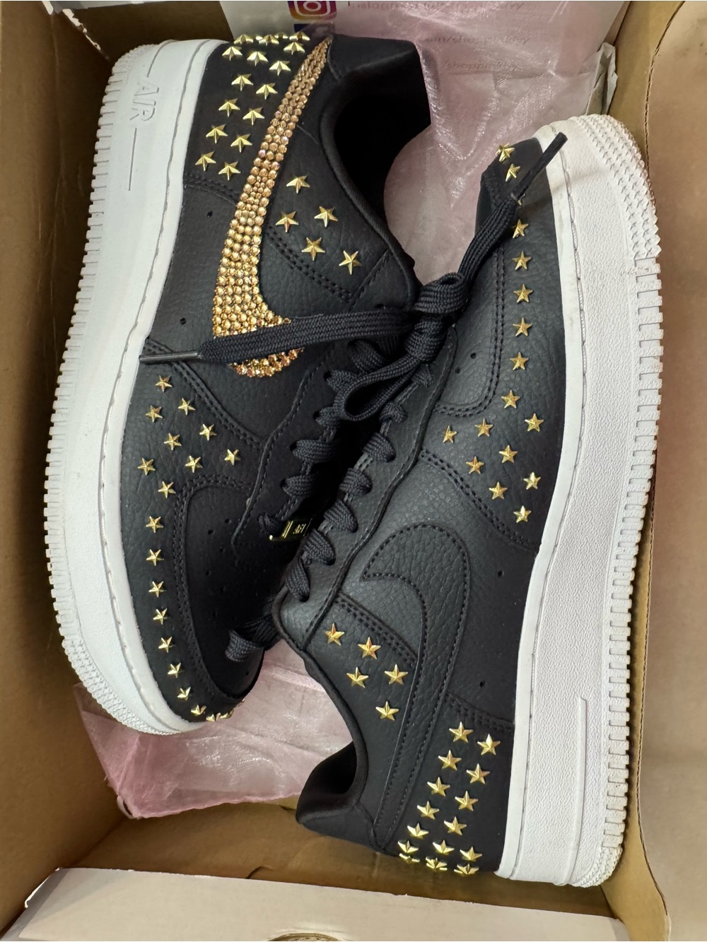 Black and Gold Star Embellished Women's Sneakers - Air Force ones